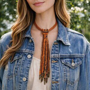 Multistrand Sienna Orange Leather Choker w/ Beaded Strands Necklace